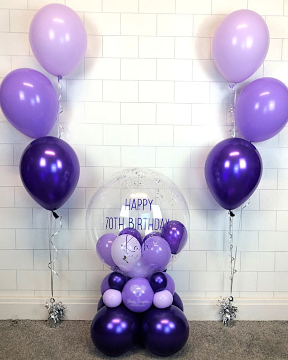 COLLECTION ONLY - 2 Tier Globe Purple & Lilac Balloons & Silver Leaf, Purple Message + 2 Clusters of 3 Standard Balloons