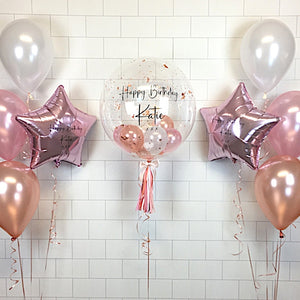 COLLECTION ONLY - Clear Bubble - Pink, Rose Gold, White Balloons - Rose Gold Confetti - Black Message + 2 Personalised Bouquets