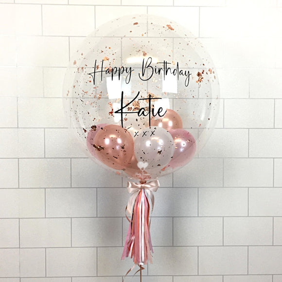 COLLECTION ONLY - Clear Bubble - Pink, Rose Gold, White Balloons - Rose Gold Leaf - Black Message