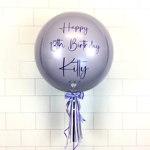COLLECTION ONLY - Lilac Orbz Balloon, Personalised with a Purple Message Dressed with Tassel, Bow & Weight
