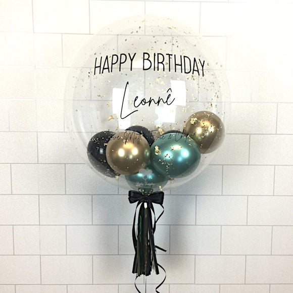 COLLECTION ONLY - Clear Bubble - Green, Gold & Black Balloons - Gold Leaf - Black Message