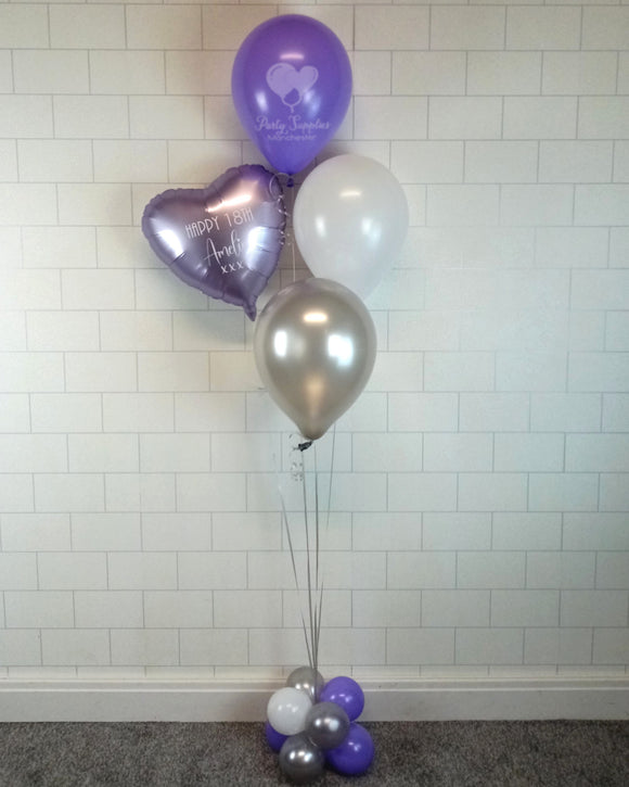 COLLECTION ONLY -  Lilac, Silver & White Heart Bouquet 3 Latex Balloons, 1 Personalised Heart & Balloon Base