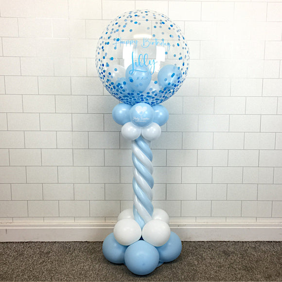 COLLECTION ONLY - Blue & White Twisted Tower Topped with a Blue Confetti Print Bubble filled with Balloons - Blue Message
