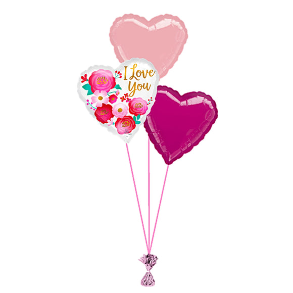 COLLECTION ONLY -  I Love You Flowers 3 Foil Balloon Bouquet Filled with Helium & Dressed with Ribbon & Weight