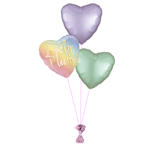 COLLECTION ONLY -  Lovely Mum 3 Foil Balloon Bouquet Filled with Helium & Dressed with Ribbon & Weight