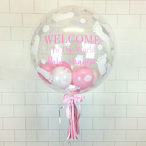 COLLECTION ONLY - Baby Footprint Bubble - Pink, White Balloons - Pink Message