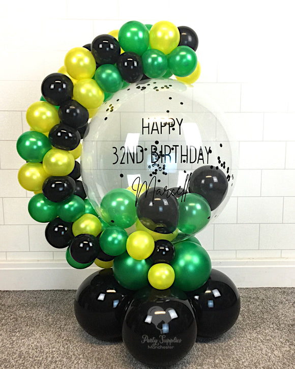 COLLECTION ONLY - Green, Yellow & Black Bubble Garland - Black Message - Black Confetti