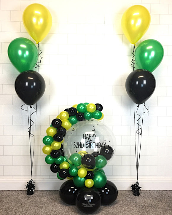 COLLECTION ONLY - Green, Yellow & Black Bubble Garland - Black Message - Black Confetti + 2 Sets of 3 Clusters