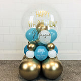 COLLECTION ONLY - 2 Tier Globe Blue, Gold & White Balloons & Gold Leaf, Gold Message
