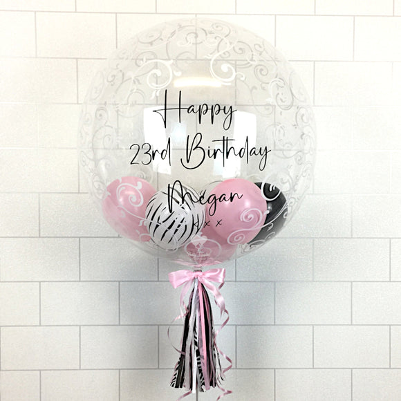 COLLECTION ONLY - Fancy Filigree Bubble - White/Black, Pink, Black Balloons - Black Message