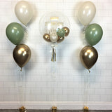 COLLECTION ONLY - Clear Bubble Balloon - Green, Gold & Cream Balloons - Gold Message + 2 Clusters