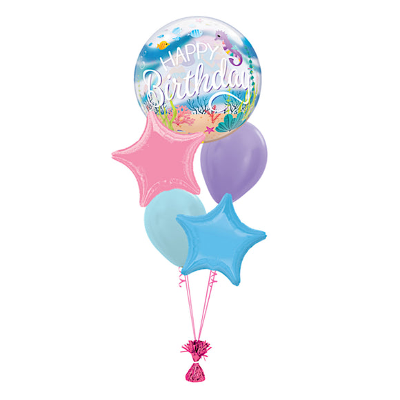 COLLECTION ONLY -  Mermaid Happy Birthday Bubble 5 Balloon Bouquet Filled with Helium & Dressed with Ribbon & Weight