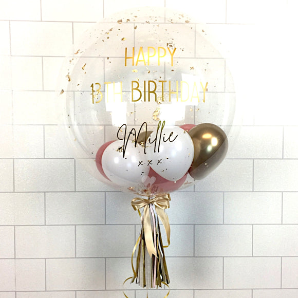 COLLECTION ONLY - Clear Bubble - Rosewood, Gold & White Balloons - Gold Leaf - Gold Message
