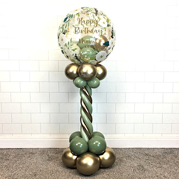 COLLECTION ONLY -  Green & Gold Twisted Tower Topped with a Floral Print Bubble filled with Balloons  - Gold Message