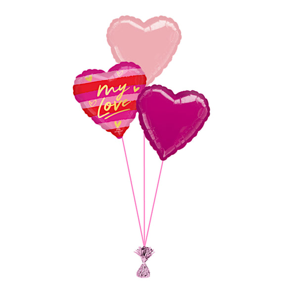 COLLECTION ONLY -  My Love 3 Foil Balloon Bouquet Filled with Helium & Dressed with Ribbon & Weight