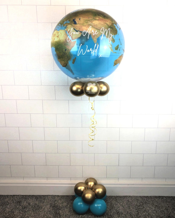 COLLECTION ONLY - You Are My World Globe Bubble - White Message - Gold Balloon Collar
