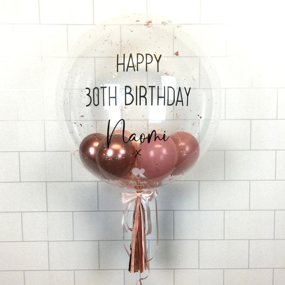COLLECTION ONLY - Clear Bubble - Rosewood & Rose Gold Balloons - Rose Gold Leaf - Black Message