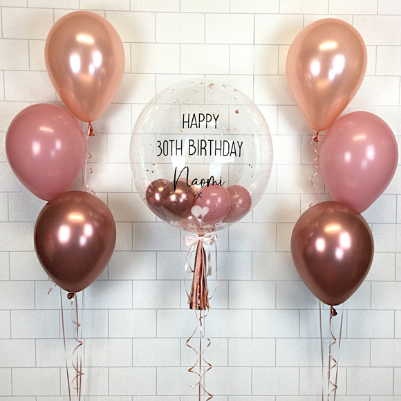 COLLECTION ONLY - Clear Bubble Balloon - Rose Gold & Rosewood Balloons - Black Message + 2 Clusters