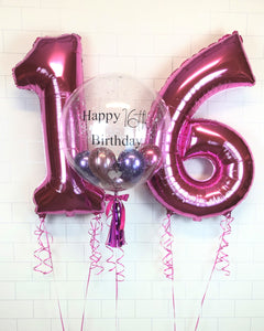 COLLECTION ONLY - Clear Bubble - Pink & Purple Balloons - Silver Leaf - Black Message + 2 Helium Filled Large Pink Numbers