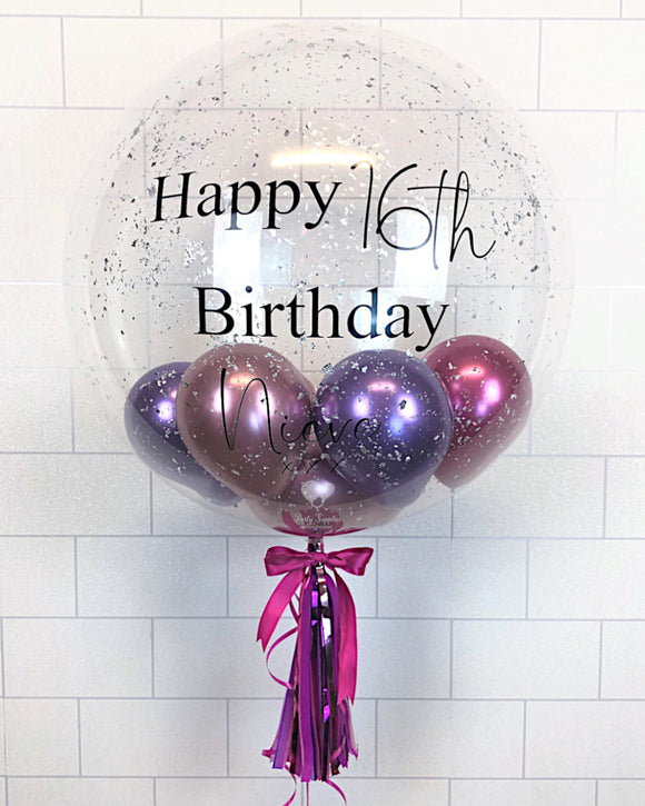 COLLECTION ONLY - Clear Bubble - Pink & Purple Balloons - Silver Leaf - Black Message