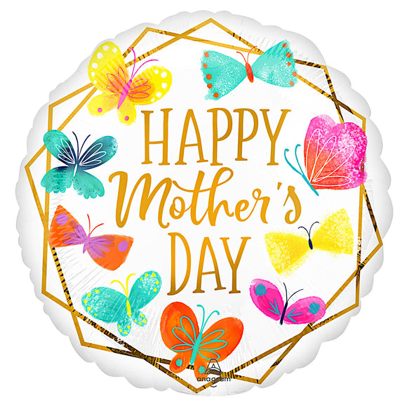 COLLECTION ONLY - Happy Mother's Day Butterflies Standard Foil Filled with Helium & Dressed with Ribbon & Weight