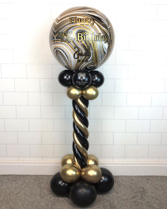 COLLECTION ONLY - Twisted Black & Gold Tower Topped with a Marble Orbz Balloon - Black & Gold Message