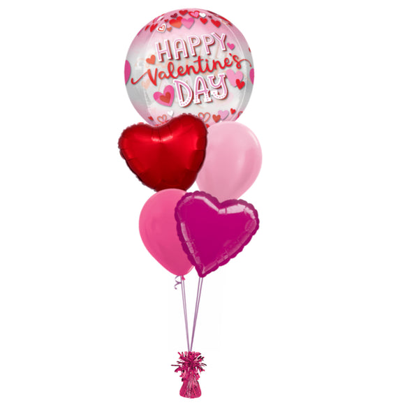 COLLECTION ONLY -  Happy Valentine's Day Orbz 5 Balloon Bouquet Filled with Helium & Dressed with Ribbon & Weight