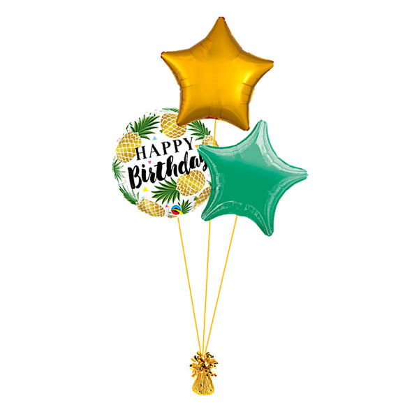 COLLECTION ONLY -  Pineapple Happy Birthday 3 Foil Balloon Bouquet Filled with Helium & Dressed with Ribbon & Weight