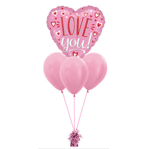 COLLECTION ONLY - Love You Jumbo Heart Foil Balloon & 3 Latex Balloon Cluster Filled with Helium & Dressed with Ribbon & Weight