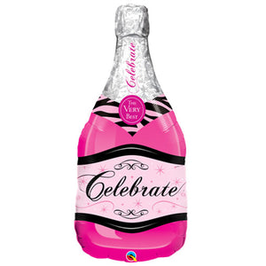 COLLECTION ONLY - 1 Pink Celebrate Bubbly Champagne Bottle Super Shape 39" Foil Balloon Filled with Helium & Dressed with Ribbon & Weight