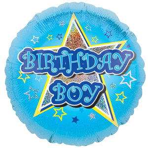 COLLECTION ONLY - 1 Blue & Yellow Birthday Boy!  Standard Foil Filled with Helium & Dressed with Ribbon & Weight