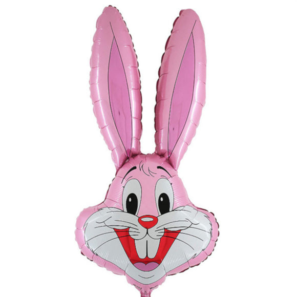 COLLECTION ONLY - Pink Bunny Head Foil Balloon Filled with Helium & Dressed with Ribbon & Weight