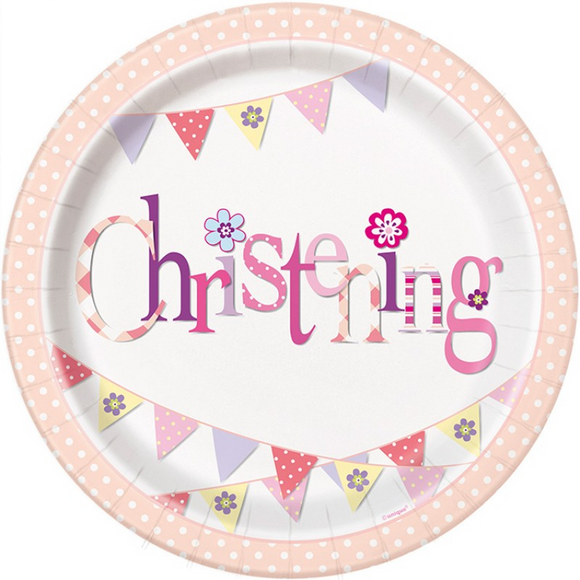 8 Pink Bunting Christening Paper Dinner Plates Large 21.9 cm