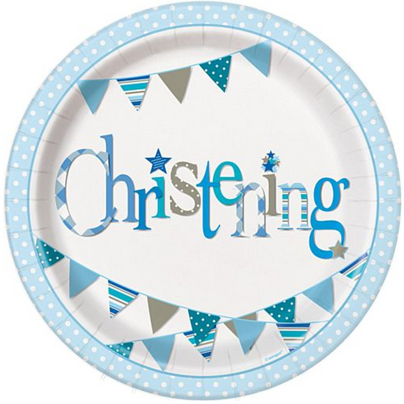 8 Blue Bunting Christening Paper Dinner Plates Large 21.9 cm