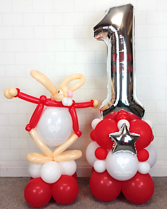 COLLECTION ONLY - RABBIT Red Number Tower Personalised with a Name & Rabbit Balloon Buddie