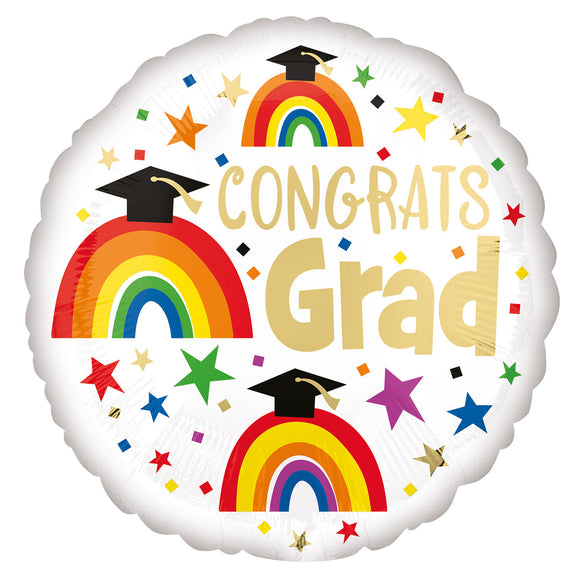 COLLECTION ONLY - 1 Rainbow Congrats Grad Standard Foil Balloon Filled with Helium & Dressed with Ribbon & Weight