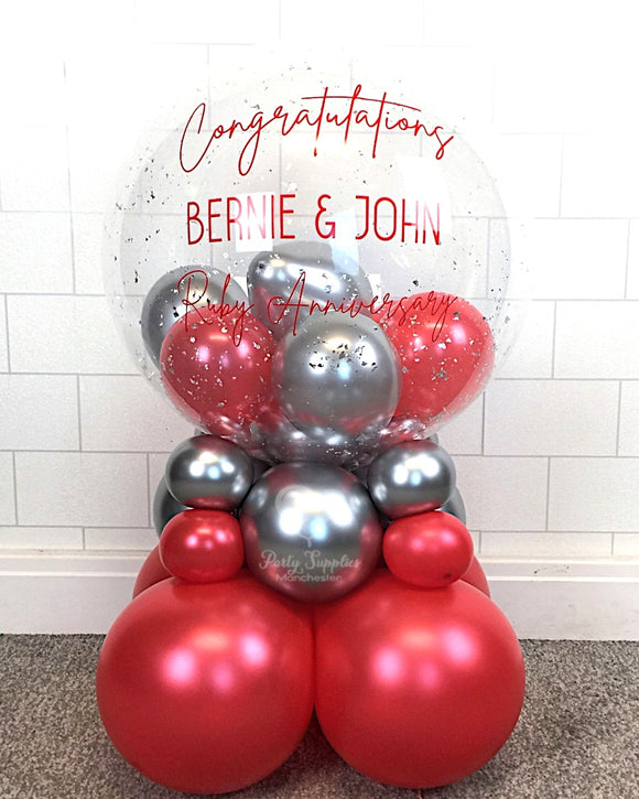 COLLECTION ONLY - 2 Tier Globe Red & Silver Balloons & Silver Leaf, Red Message