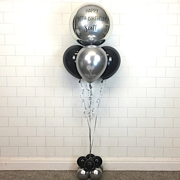 COLLECTION ONLY - Personalised Silver Orbz Balloon dressed with a Black & Silver Balloon Pyramid & Balloon Base