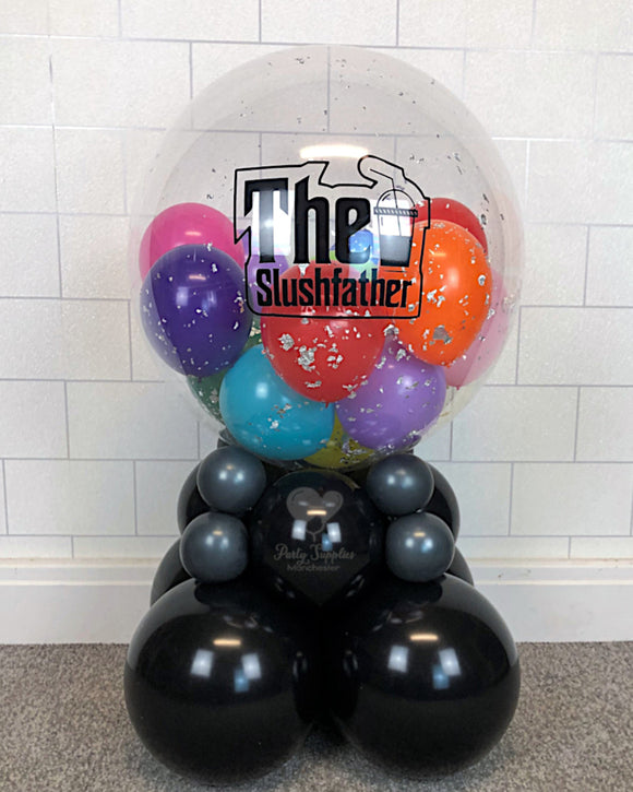 COLLECTION ONLY - 2 Tier Globe Multicoloured Balloons & Silver Leaf, Black Logo