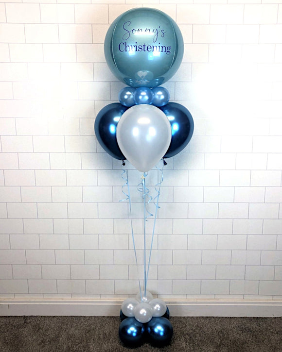 COLLECTION ONLY - Personalised Baby Blue Orbz Balloon & Balloon Collar, Blue & White Balloon Pyramid & Balloon Base