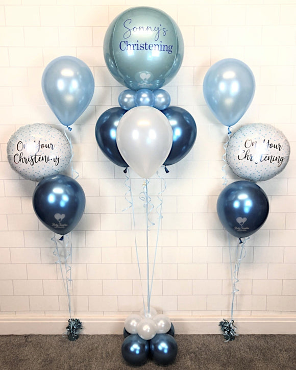 COLLECTION ONLY - Personalised Baby Blue Orbz Balloon & Balloon Collar, Blue & White Balloon Pyramid & Balloon Base + 2 Latex & Foil Clusters