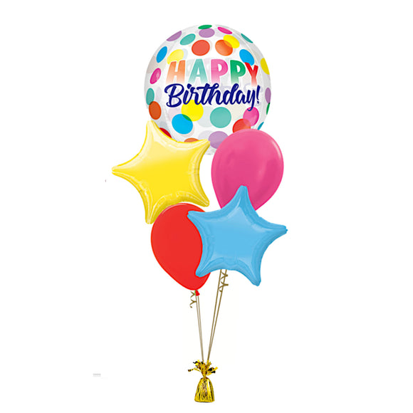 COLLECTION ONLY -  Big Spots Happy Birthday Orbz 5 Balloon Bouquet Filled with Helium & Dressed with Ribbon & Weight