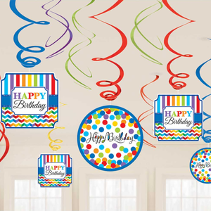 12 Bright Rainbow Happy Birthday Swirl Decorations