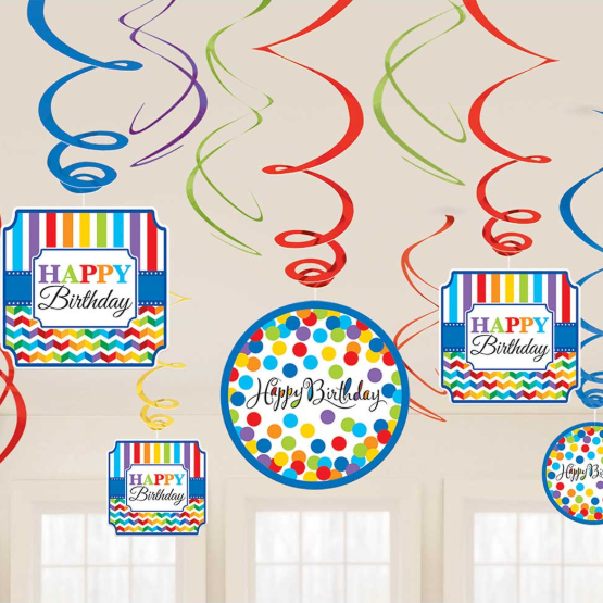 12 Bright Rainbow Happy Birthday Swirl Decorations