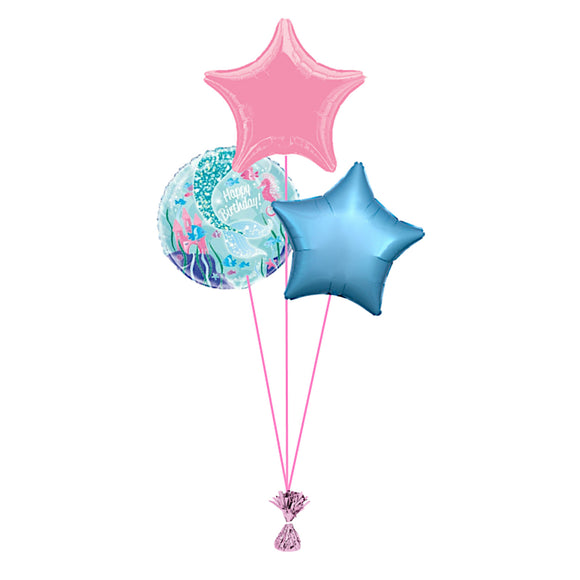 COLLECTION ONLY -  Mermaid Tail Under the Sea 3 Foil Balloon Bouquet Filled with Helium & Dressed with Ribbon & Weight