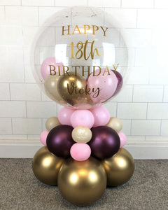 COLLECTION ONLY - 3 Tier Globe Pink, Burgundy White Sand, Gold Balloons & Gold Leaf, Gold Message