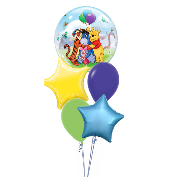 COLLECTION ONLY -  Winnie the Pooh & Friends Bubble 5 Balloon Bouquet Filled with Helium & Dressed with Ribbon & Weight