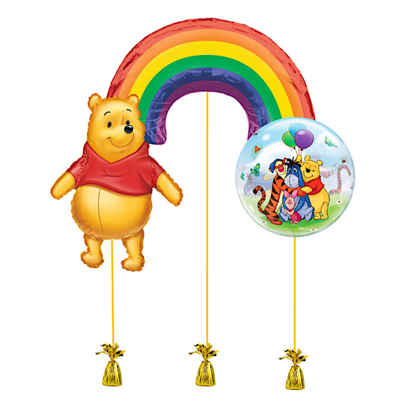 COLLECTION ONLY - Winnie the Pooh Rainbow Balloon Bundle Filled with Helium & Dressed with Ribbon & Weights