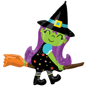 COLLECTION ONLY - 1 Large Witch on a Broom Foil Super Shape 38" Filled with Helium & Dressed with Ribbon & Weight