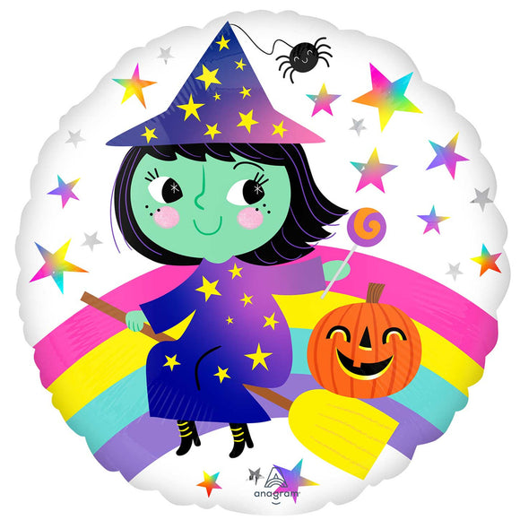 COLLECTION ONLY - 1 Cute Witch Halloween Standard Foil Balloon Filled with Helium & Dressed with Ribbon & Weight